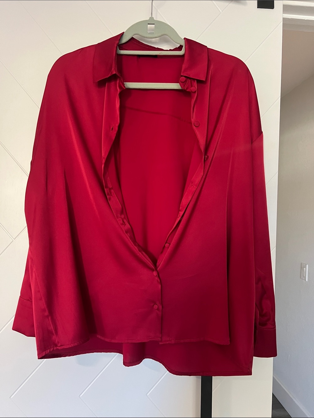 Red Satin Button-Down Blouse